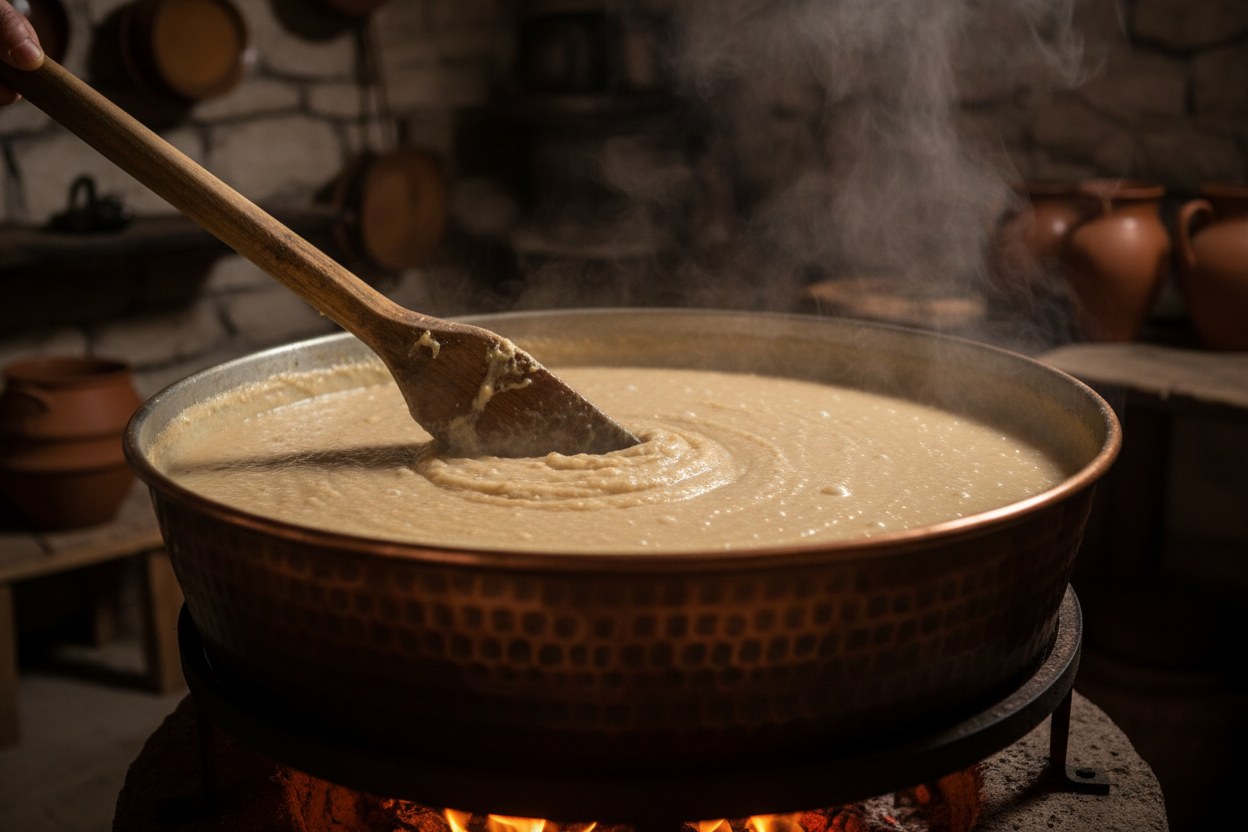 Bakır kazanda ağır ateşte pişen boza lapası
